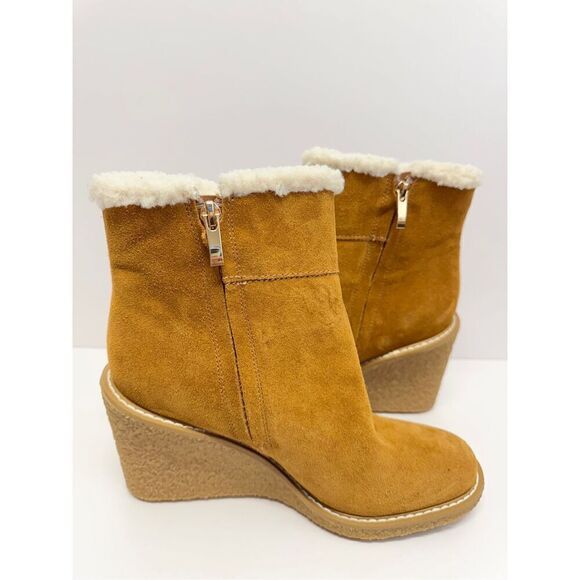Franco Sarto Ankle Boots Size 8 Tan Leather Suede Shearling Wedge Heel Boots - Picture 6 of 9